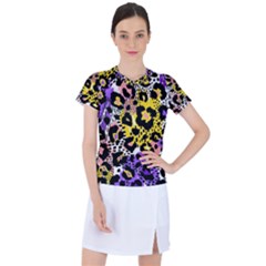 Black Leopard Print With Yellow, Gold, Purple And Pink Women s Sports Top by AnkouArts