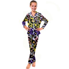 Black Leopard Print With Yellow, Gold, Purple And Pink Kid s Satin Long Sleeve Pajamas Set