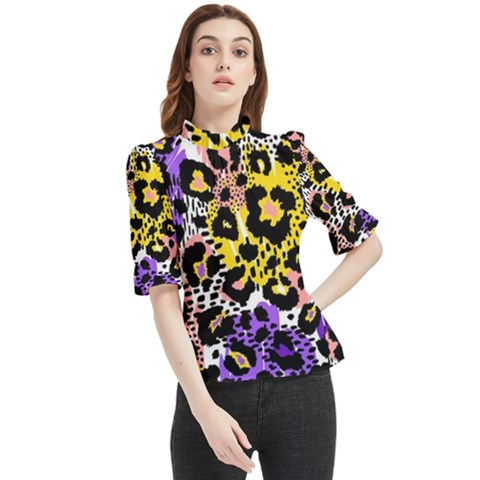 Black Leopard Print With Yellow, Gold, Purple And Pink Frill Neck Blouse by AnkouArts