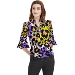 Black Leopard print with yellow, gold, purple and pink Loose Horn Sleeve Chiffon Blouse