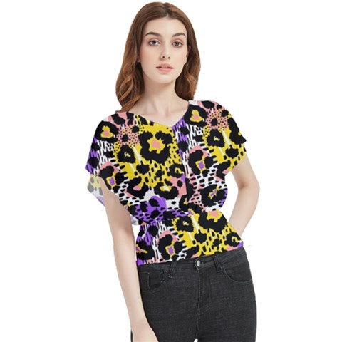 Black Leopard Print With Yellow, Gold, Purple And Pink Butterfly Chiffon Blouse by AnkouArts