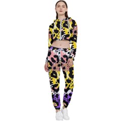 Black Leopard Print With Yellow, Gold, Purple And Pink Cropped Zip Up Lounge Set by AnkouArts