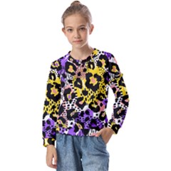 Black Leopard print with yellow, gold, purple and pink Kids  Long Sleeve Tee with Frill 