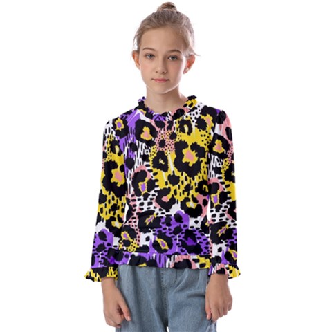 Black Leopard Print With Yellow, Gold, Purple And Pink Kids  Frill Detail Tee by AnkouArts