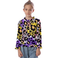 Black Leopard Print With Yellow, Gold, Purple And Pink Kids  Frill Detail Tee