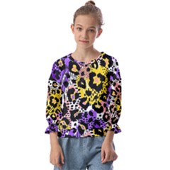 Black Leopard print with yellow, gold, purple and pink Kids  Cuff Sleeve Top