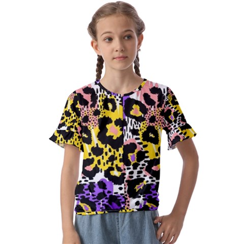 Black Leopard Print With Yellow, Gold, Purple And Pink Kids  Cuff Sleeve Scrunch Bottom Tee by AnkouArts