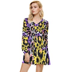 Black Leopard print with yellow, gold, purple and pink Tiered Long Sleeve Mini Dress