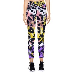 Black Leopard Print With Yellow, Gold, Purple And Pink Pocket Leggings  by AnkouArts