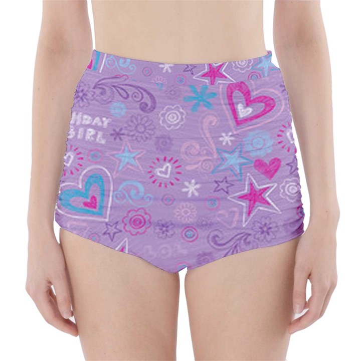  Hearts and Stars on light purple. High-Waisted Bikini Bottoms