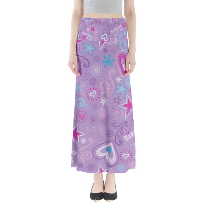  Hearts and Stars on light purple. Full Length Maxi Skirt