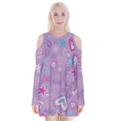  Hearts And Stars On Light Purple  Velvet Long Sleeve Shoulder Cutout Dress