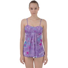  Hearts And Stars On Light Purple  Babydoll Tankini Set by AnkouArts