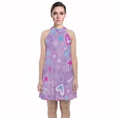  Hearts And Stars On Light Purple  Velvet Halter Neckline Dress 