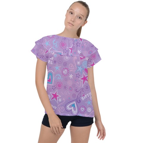  Hearts And Stars On Light Purple  Ruffle Collar Chiffon Blouse by AnkouArts