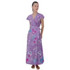  Hearts And Stars On Light Purple  Flutter Sleeve Maxi Dress by AnkouArts