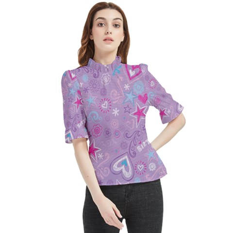  Hearts And Stars On Light Purple  Frill Neck Blouse by AnkouArts