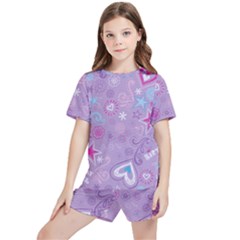  Hearts And Stars On Light Purple  Kids  Tee And Sports Shorts Set by AnkouArts