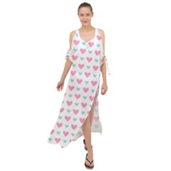 Pink Hearts One White Background Maxi Chiffon Cover Up Dress by AnkouArts