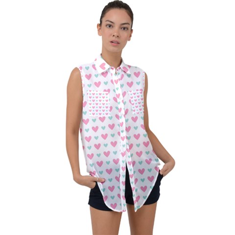 Pink Hearts One White Background Sleeveless Chiffon Button Shirt by AnkouArts