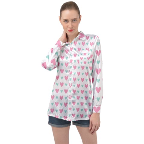 Pink Hearts One White Background Long Sleeve Satin Shirt by AnkouArts