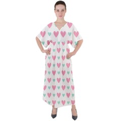 Pink Hearts One White Background V-neck Boho Style Maxi Dress by AnkouArts