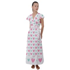 Pink Hearts One White Background Flutter Sleeve Maxi Dress by AnkouArts