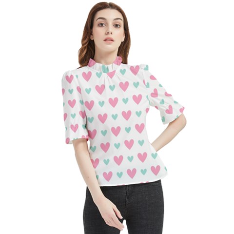 Pink Hearts One White Background Frill Neck Blouse by AnkouArts