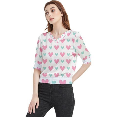 Pink Hearts One White Background Quarter Sleeve Blouse by AnkouArts