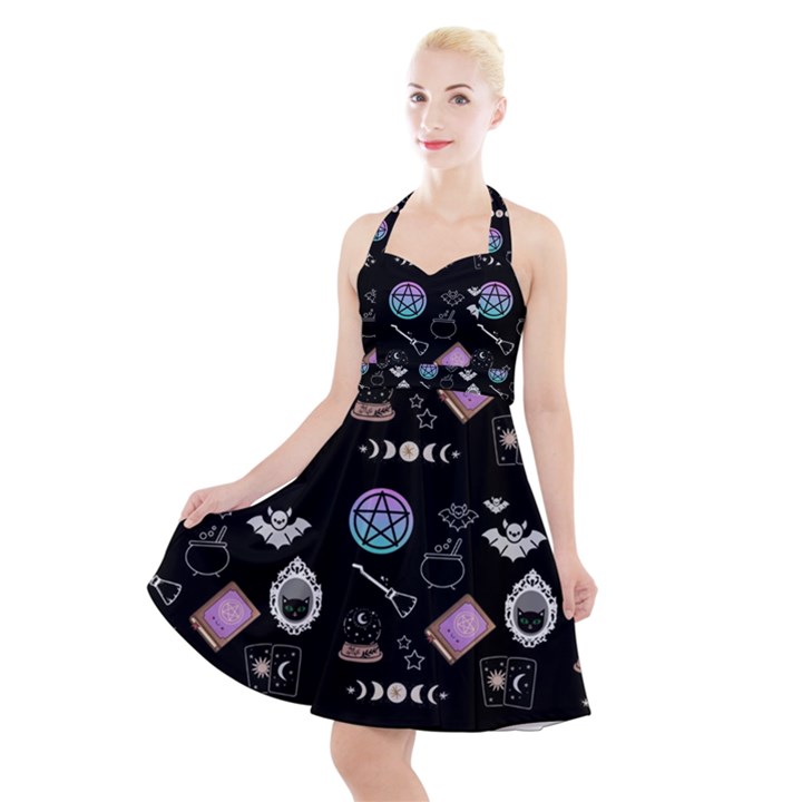 Small Witch Goth Pastel Print Halter Party Swing Dress 