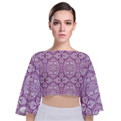 Purple Pattern Oval Tie Back Butterfly Sleeve Chiffon Top by AnkouArts