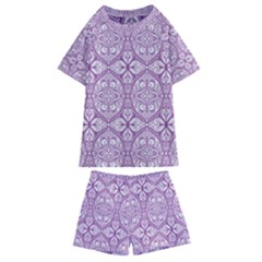 Purple Pattern Oval Kids  Swim Tee And Shorts Set by AnkouArts