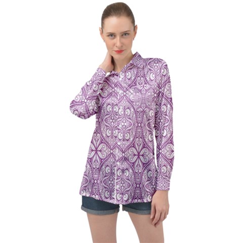 Purple Pattern Oval Long Sleeve Satin Shirt by AnkouArts