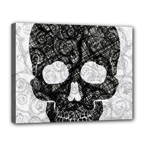 Black Skull On White Canvas 14  X 11  (stretched) by AnkouArts