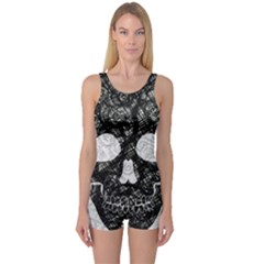 Black Skull On White One Piece Boyleg Swimsuit by AnkouArts