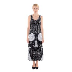 Black Skull On White Sleeveless Maxi Dress by AnkouArts