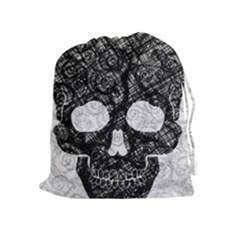 Black Skull On White Drawstring Pouch (xl) by AnkouArts