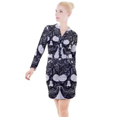 Black Skull On White Button Long Sleeve Dress by AnkouArts