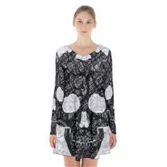 Black Skull On White Long Sleeve Velvet V-neck Dress