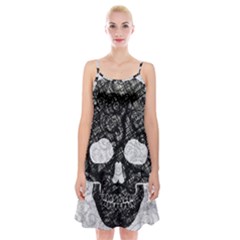 Black Skull On White Spaghetti Strap Velvet Dress