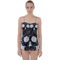 Black Skull On White Babydoll Tankini Set by AnkouArts