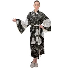 Black Skull On White Maxi Velour Kimono by AnkouArts