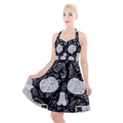 Black Skull On White Halter Party Swing Dress 