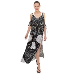 Black Skull On White Maxi Chiffon Cover Up Dress by AnkouArts