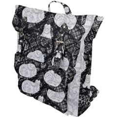 Black Skull On White Buckle Up Backpack by AnkouArts