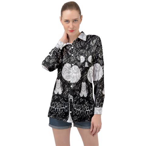 Black Skull On White Long Sleeve Satin Shirt by AnkouArts