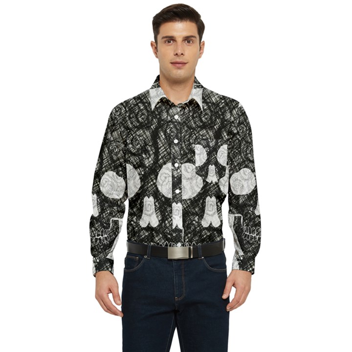 Black skull on white Men s Long Sleeve Pocket Shirt 