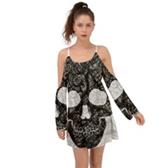 Black Skull On White Kimono Sleeves Boho Dress by AnkouArts