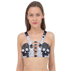 Black Skull On White Cage Up Bikini Top by AnkouArts