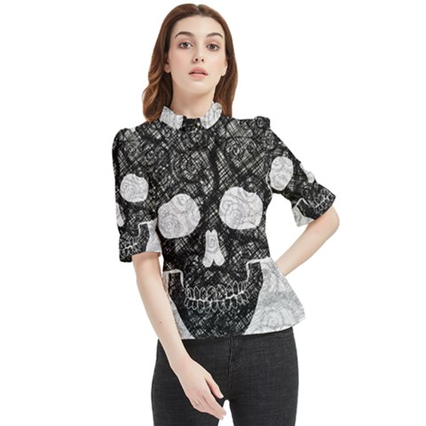 Black Skull On White Frill Neck Blouse by AnkouArts